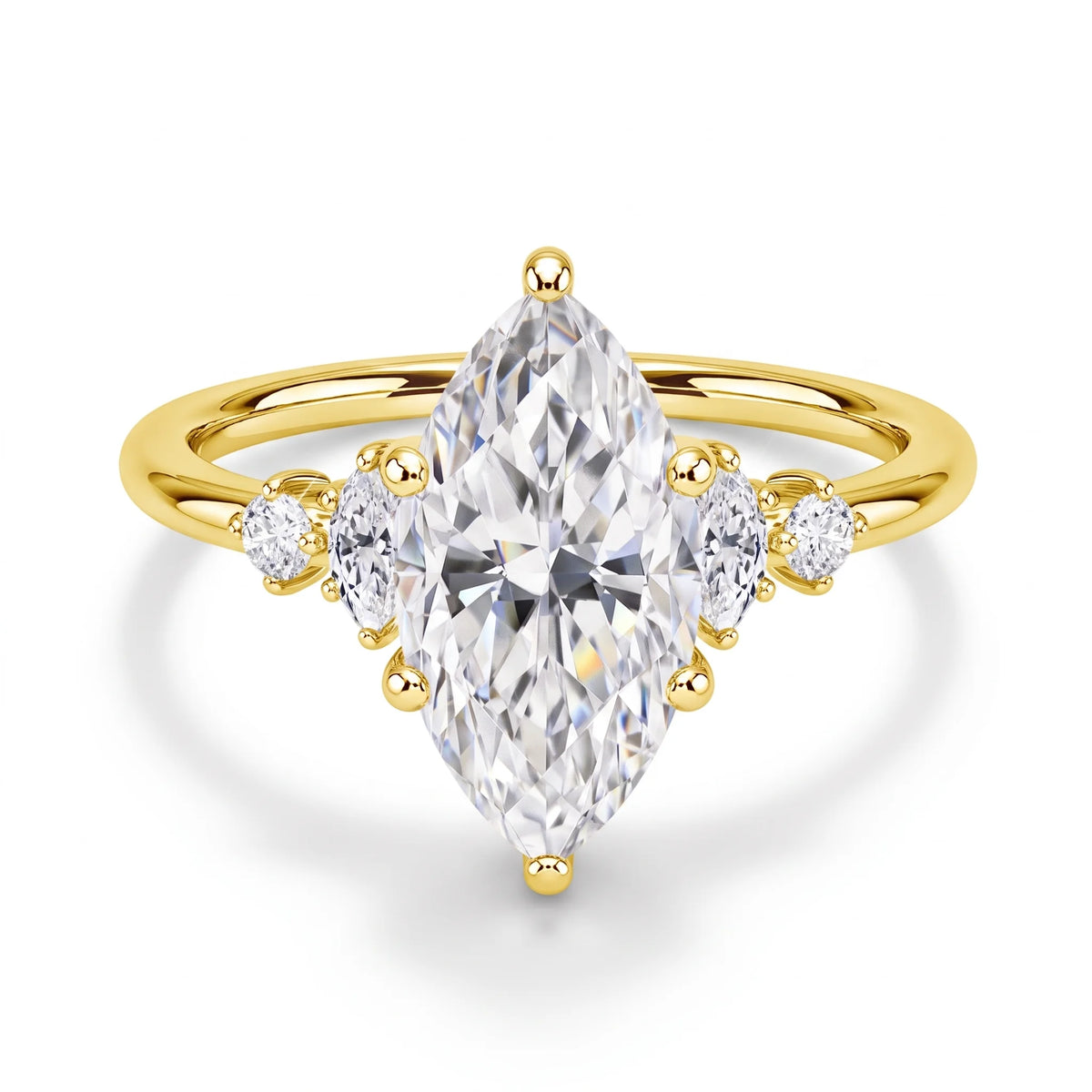 Marquise cut moissanite engagement ring in 14K gold filled with four moissanite side stones