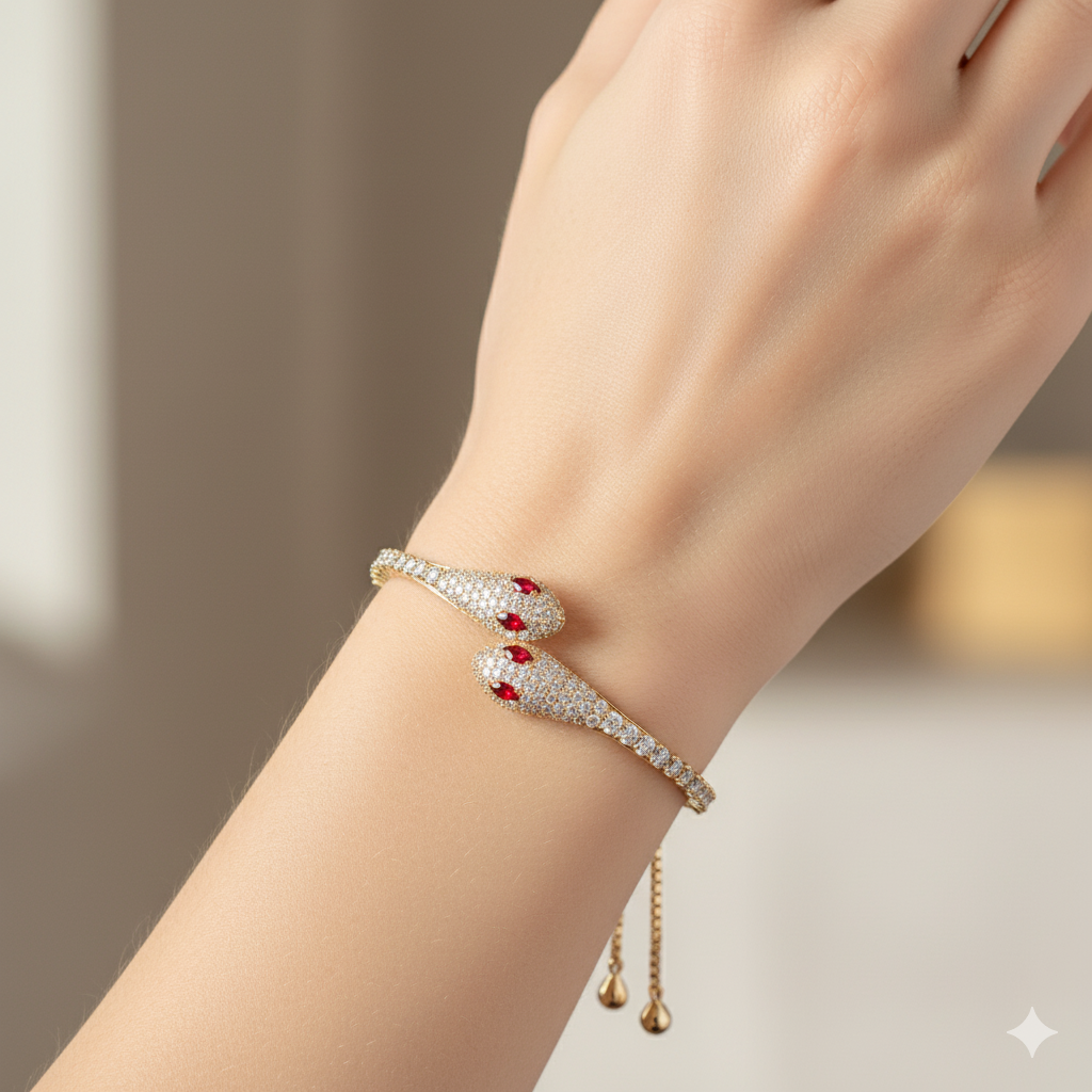 Model wearing adjustable moissanite snake bracelet with double head set in 18k gold rhodium plating over 925 sterling silver - Sensitive Stones
