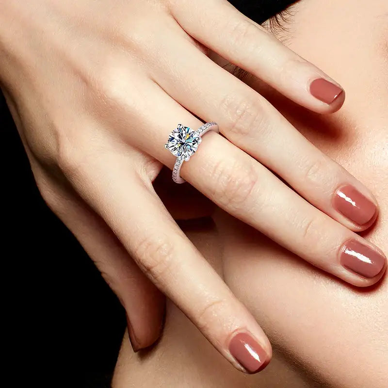 Model wearing D-Color Moissanite Engagement Ring – solitaire round cut with pavé CZ band, 18K white-gold plated silver – Sensitive Stones
