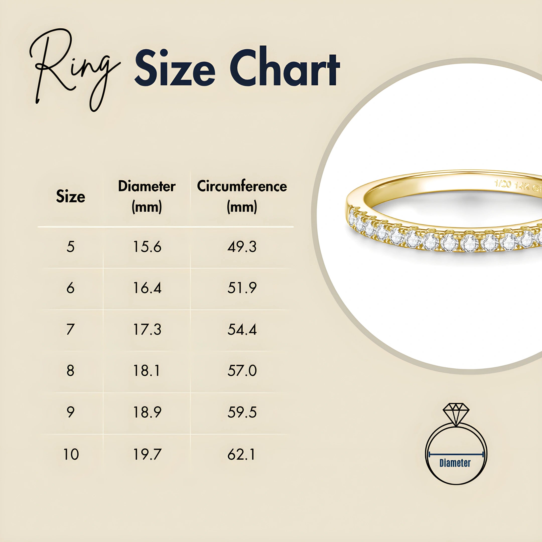 Ring size chart for 14k gold filled moissanite half eternity ring sizes 5 to 10 with diameter and circumference in mm - Sensitive Stones