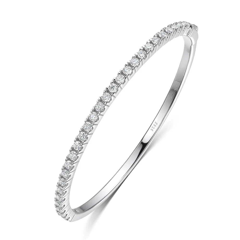 White gold moissanite bangle bracelet, 925 sterling silver base, round cut stones – Sensitive Stones