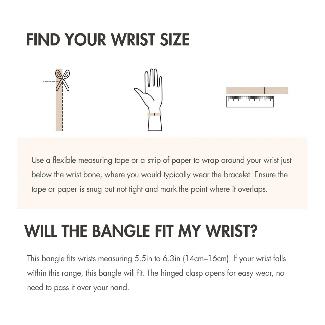 Moissanite half tennis bangle bracelet wrist size guide showing 5.5in to 6.3in fit range - Sensitive Stones