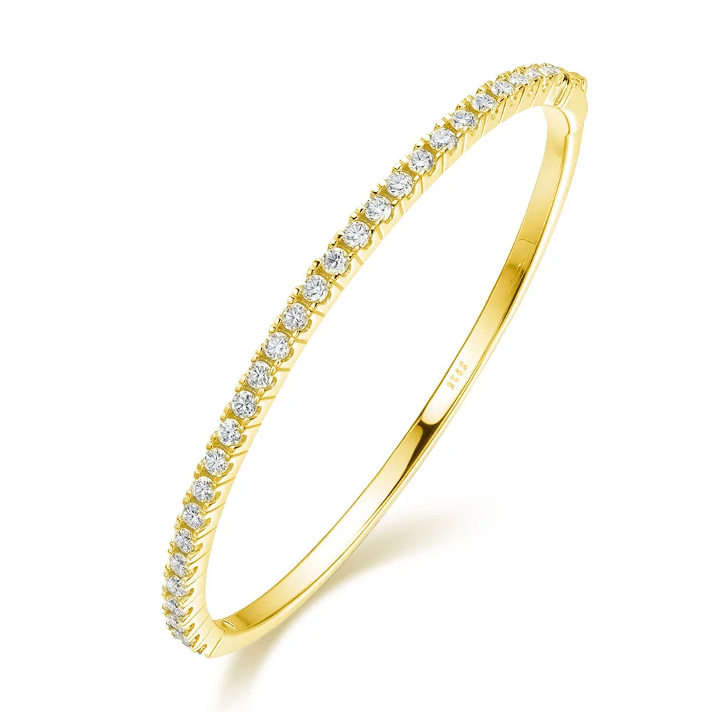 Yellow gold moissanite bangle bracelet, 925 sterling silver base, round cut stones – Sensitive Stones