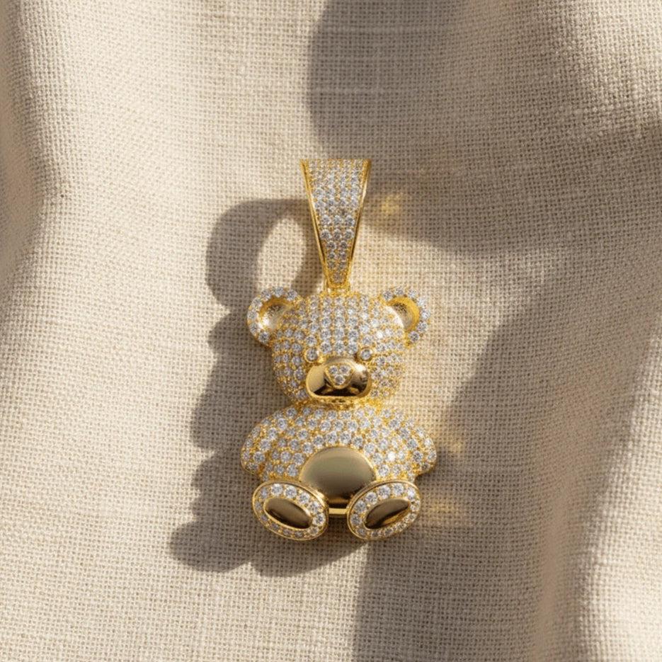 Yellow gold Moissanite Bear Pendant Necklace in 925 Sterling Silver | Sensitive Stones