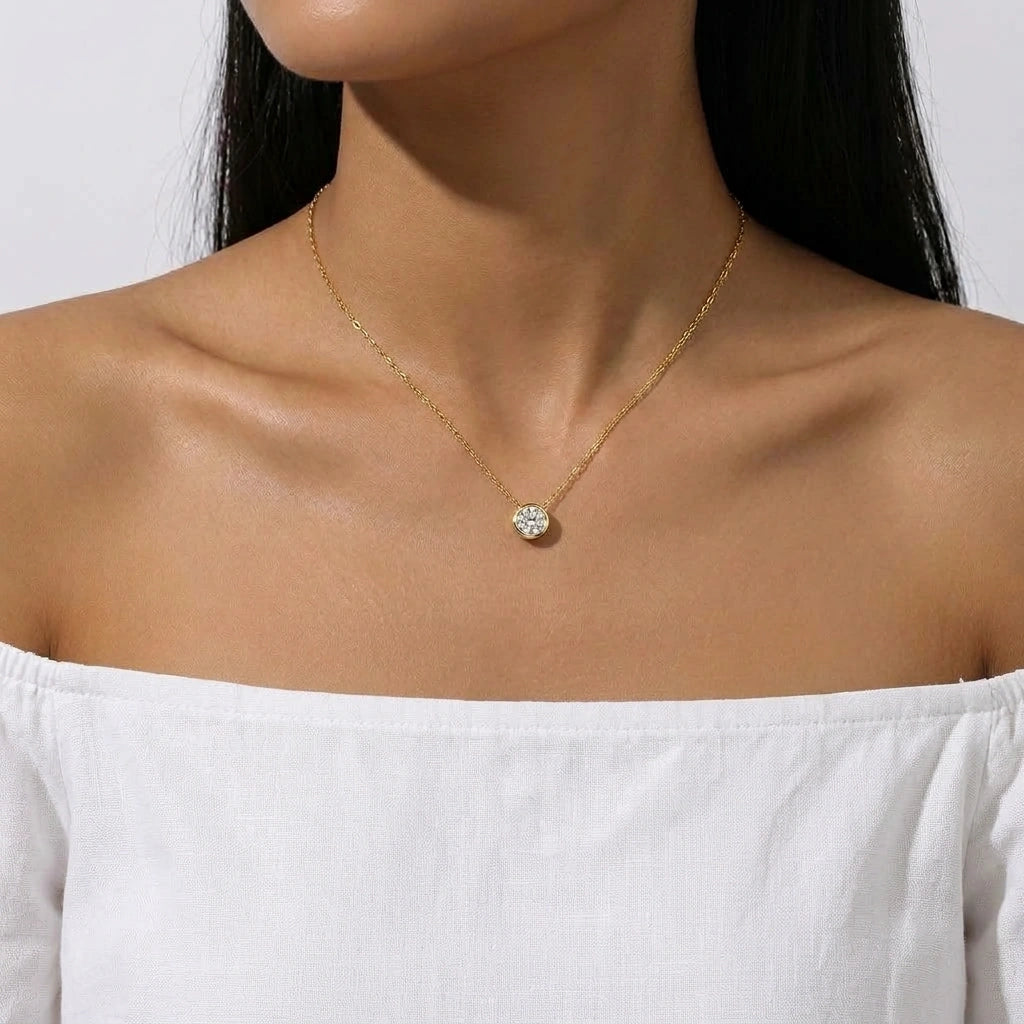 Moissanite bezel necklace in 14K gold filled worn at the collarbone, 1ct solitaire - Sensitive Stones