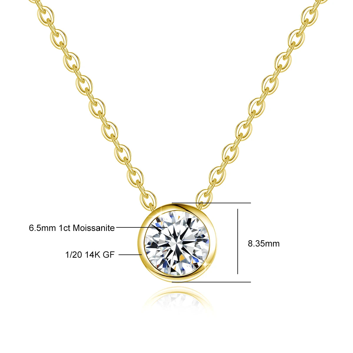 Moissanite bezel necklace size guide, 6.5mm 1ct stone in an 8.35mm 14K gold filled bezel - Sensitive Stones