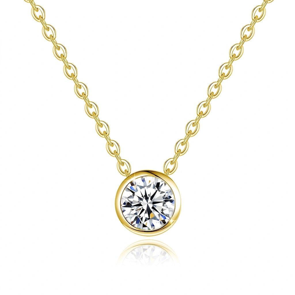 1ct moissanite bezel solitaire necklace in 14K gold filled, 6.5mm round stone on a fine O-chain - Sensitive Stones