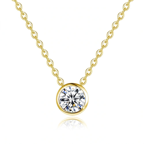 1ct moissanite bezel solitaire necklace in 14K gold filled, 6.5mm round stone on a fine O-chain - Sensitive Stones