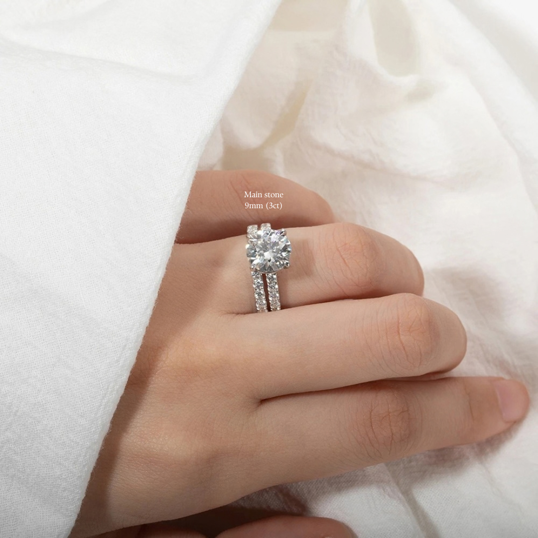 Moissanite bridal ring set worn on hand showing the 3ct 9mm center stone scale with the wedding band sitting flush against the engagement ring - Sensitive Stones