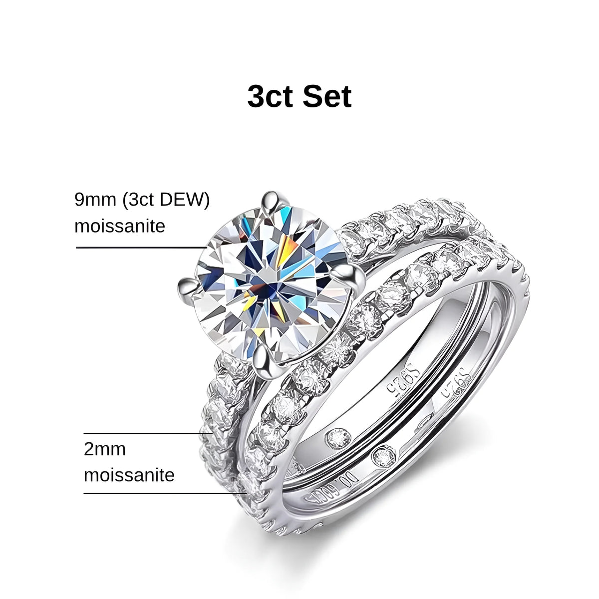 Moissanite bridal ring set 3ct 9mm center stone with 2mm moissanite accent stones dimensions - Sensitive Stones