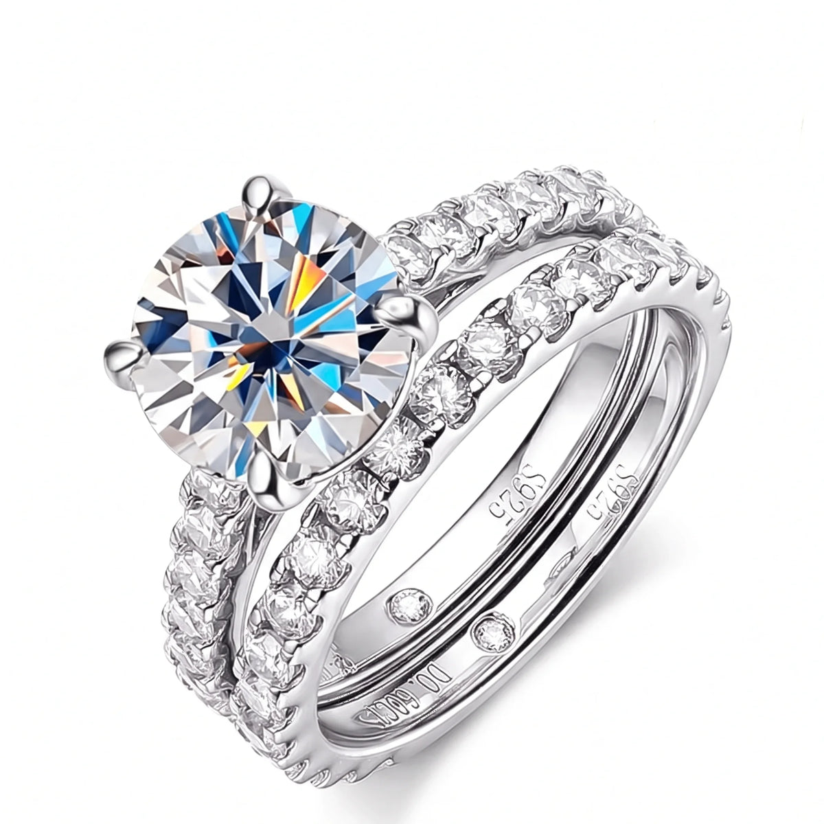Moissanite bridal ring set in 925 sterling silver with white gold finish showing the 4-prong engagement solitaire stacked above a pave wedding band - Sensitive Stones