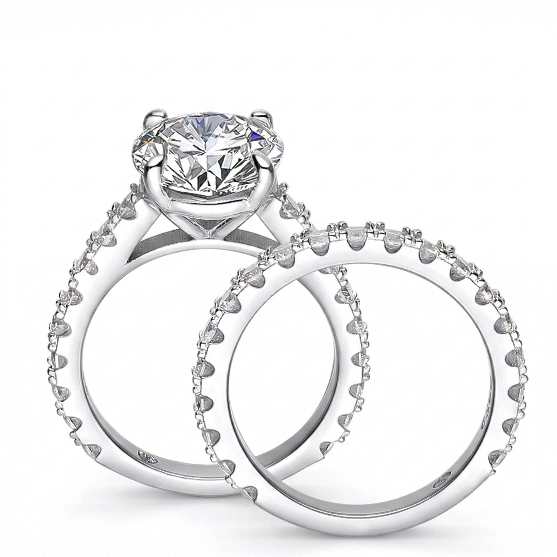 Moissanite bridal ring set side view showing S925 silver engagement ring and matching S925 wedding band with accent moissanite stones - Sensitive Stones