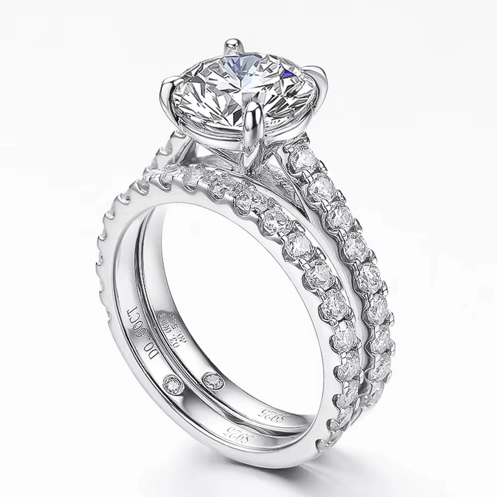 Moissanite bridal ring set stacked side view 4-prong center stone with matching wedding band - Sensitive Stones