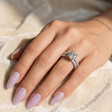 Moissanite bridal ring set with center stone engagement ring and wedding band worn on hand - Sensitive Stones