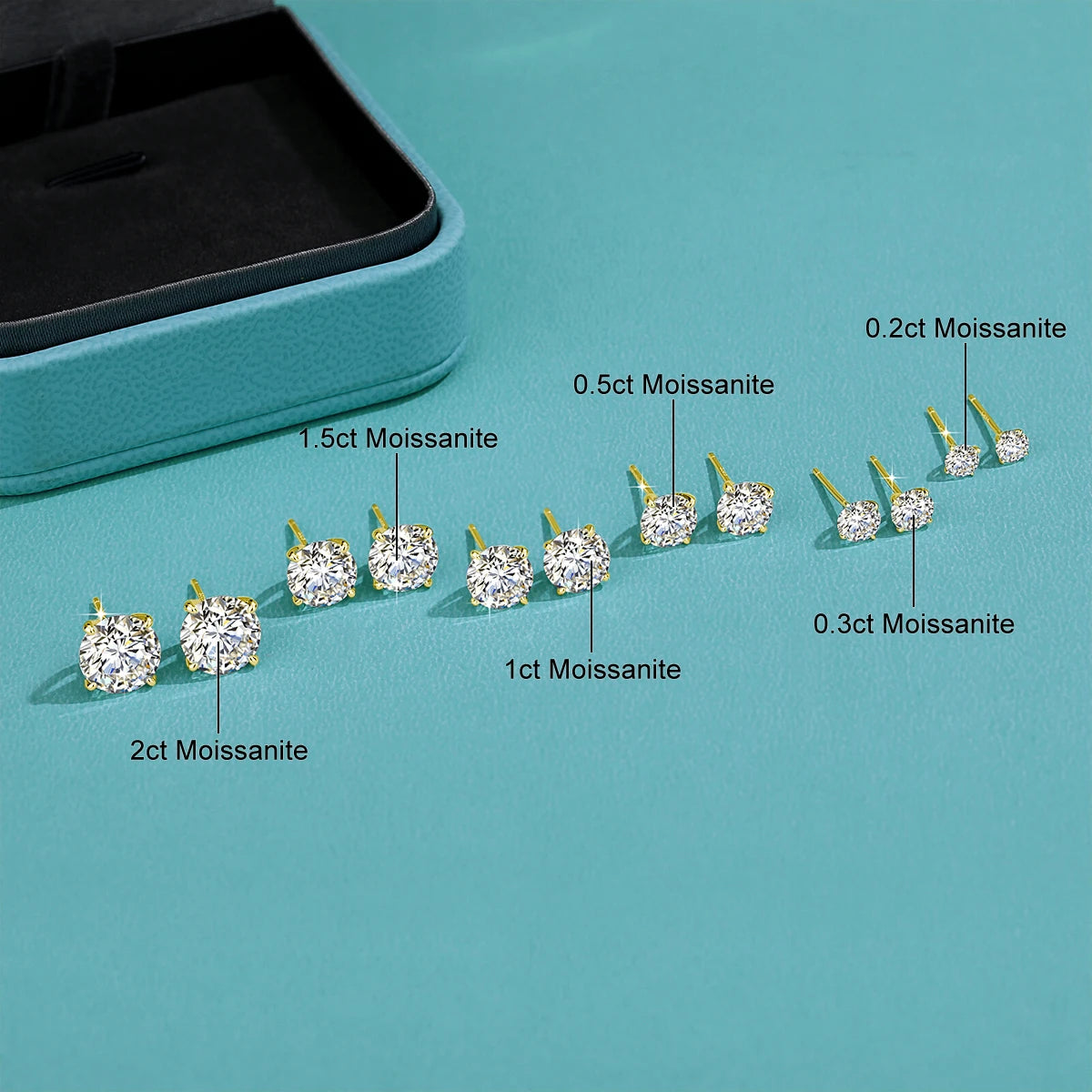Complete size range of gold-filled moissanite stud earrings from 0.2ct to 2ct displaying carat weight variations - Sensitive Stones
