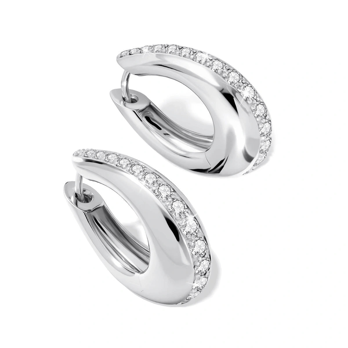 Moissanite chunky pavé hoop earrings in 18K white gold plating product shot white background - Sensitive Stones