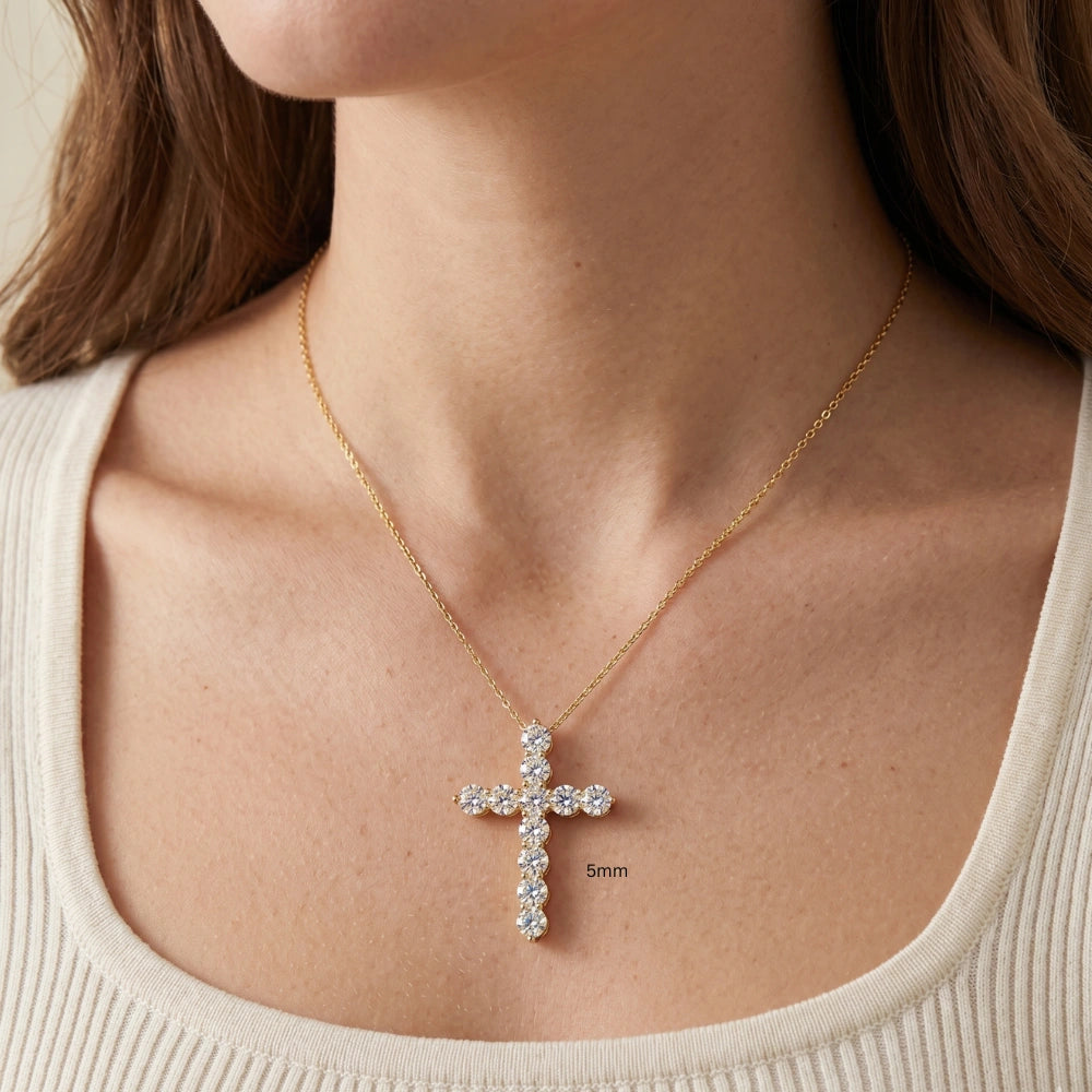 5mm moissanite cross pendant necklace in 925 sterling silver and 18k gold finish worn on model with cream top - Sensitive Stones