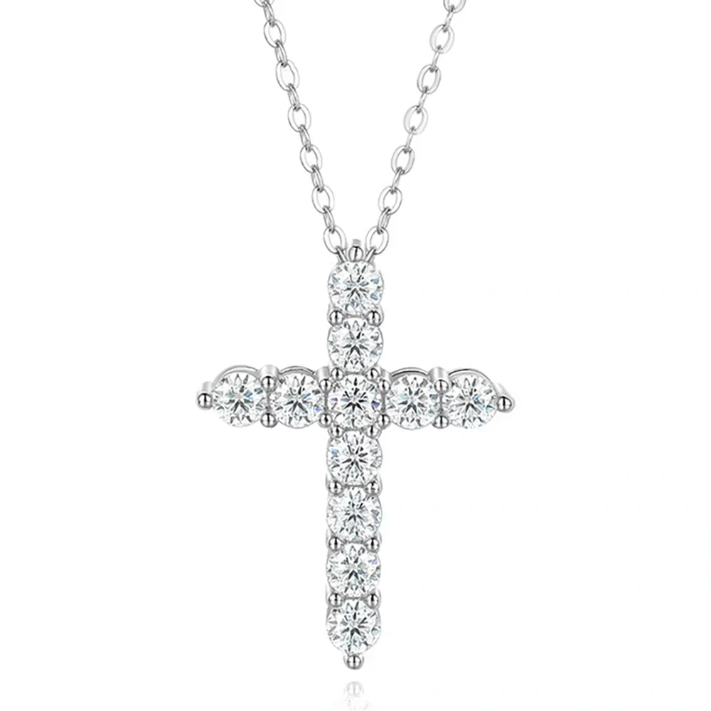 Moissanite cross pendant necklace in 925 sterling silver plated with white gold and set in O-chain - Sensitive Stones