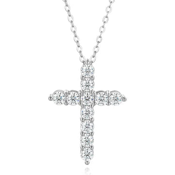 Moissanite cross pendant necklace in 925 sterling silver plated with white gold and set in O-chain - Sensitive Stones