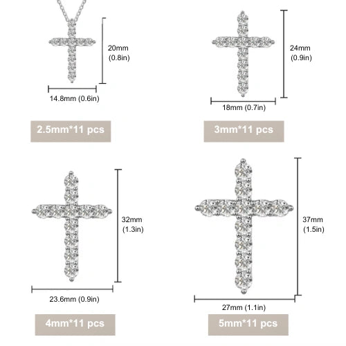 Moissanite cross pendant necklace size chart showing four stone sizes: 2.5mm (20mm height), 3mm (24mm height), 4mm (32mm height), and 5mm (37mm height) - Sensitive Stones