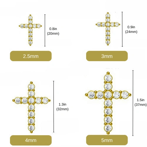 Moissanite cross pendant necklace size chart showing four stone sizes: 2.5mm (20mm height), 3mm (24mm height), 4mm (32mm height), and 5mm (37mm height) - Sensitive Stones