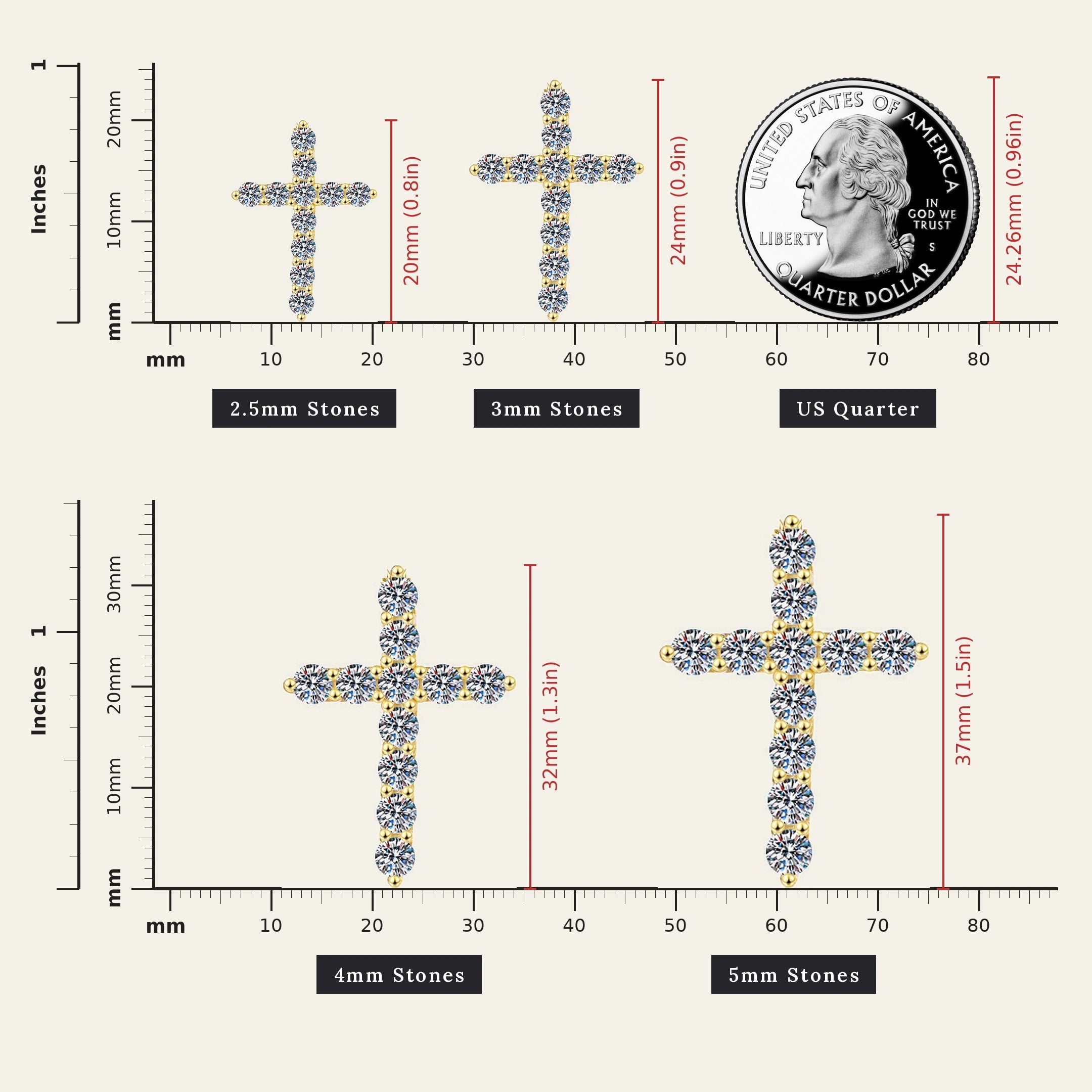Moissanite cross pendant necklace size guide, 2.5mm to 5mm stones compared to a US quarter - Sensitive Stones