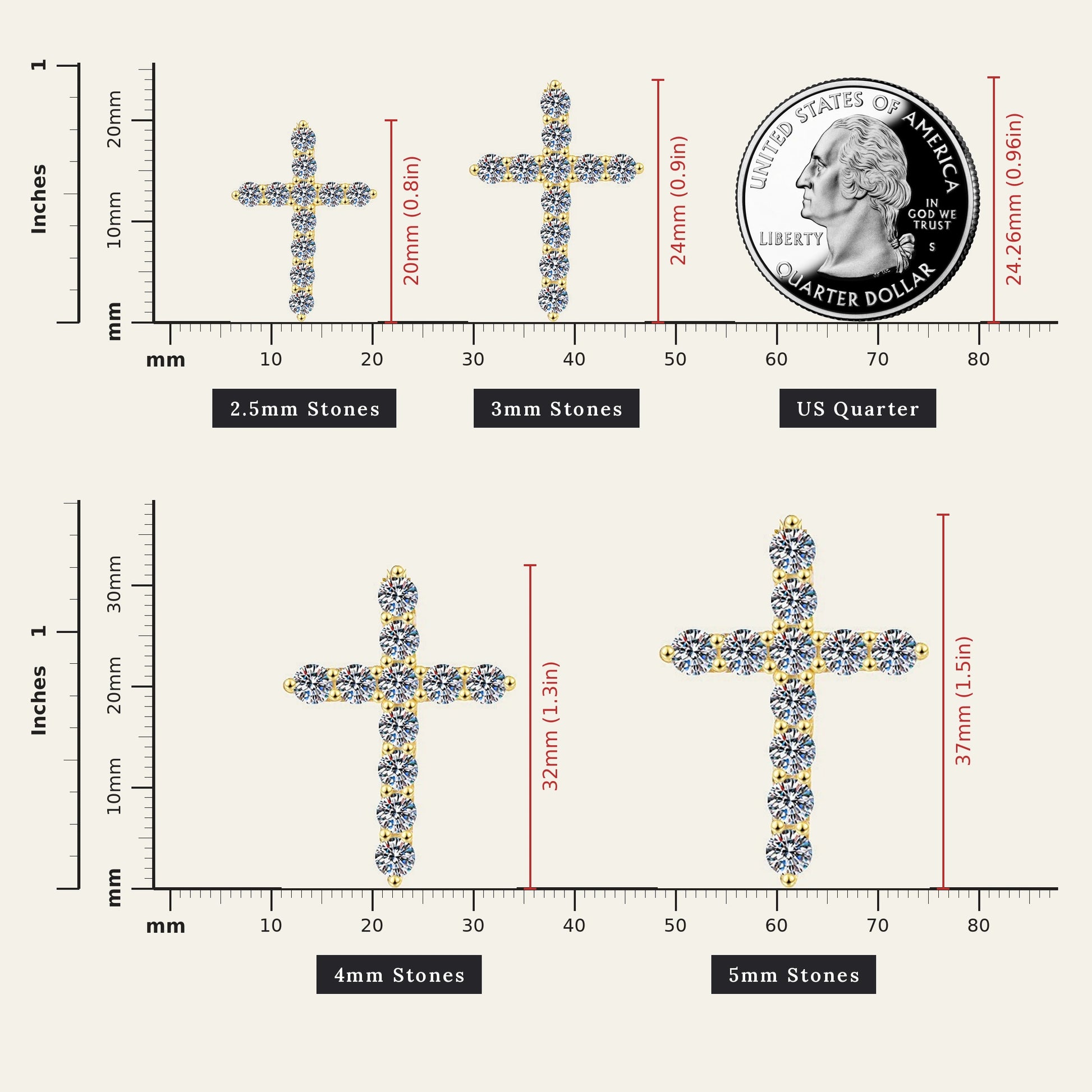 Moissanite cross pendant necklace size guide, 2.5mm to 5mm stones compared to a US quarter - Sensitive Stones