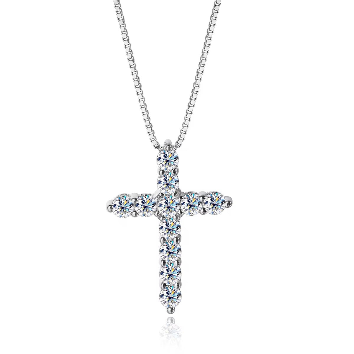 Moissanite cross pendant necklace in 925 sterling silver plated with 18k white gold and set in box chain - Sensitive Stones