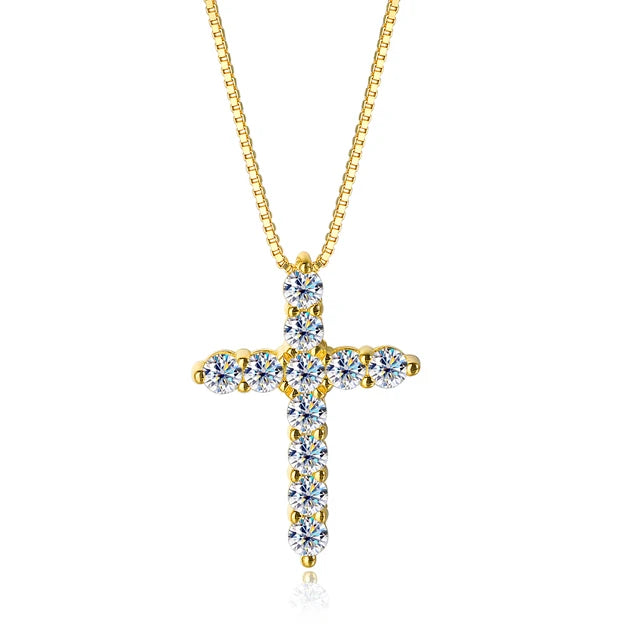 Moissanite cross pendant necklace in 925 sterling silver plated with 18k yellow gold and set in box chain - Sensitive Stones