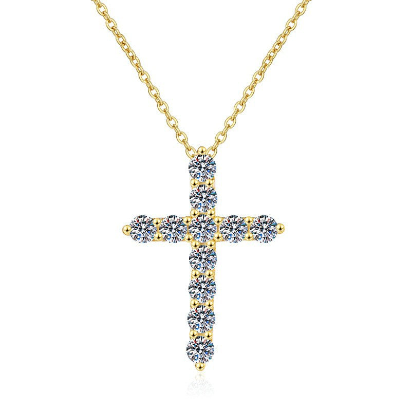 Moissanite cross pendant necklace in 925 sterling silver plated with 18k yellow gold and set in O-chain - Sensitive Stones