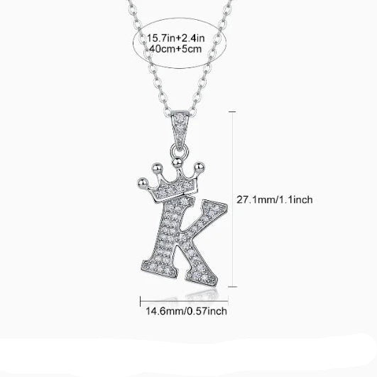 Moissanite crown initial necklace K dimensions 1.1 inch tall 925 sterling silver pavé pendant - Sensitive Stones
