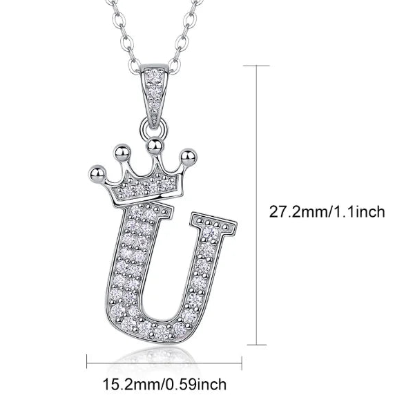 Moissanite crown initial necklace U dimensions 1.1 inch tall 925 sterling silver pavé pendant - Sensitive Stones
