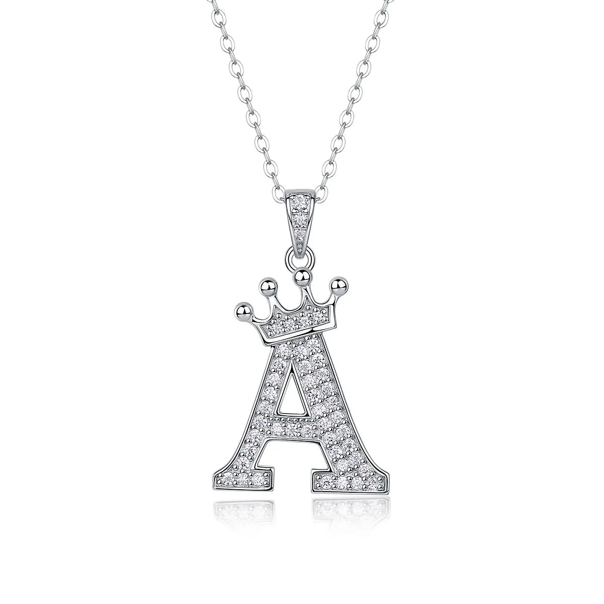 Moissanite crown initial necklace letter A fully pavé-set 925 sterling silver rhodium plated - Sensitive Stones