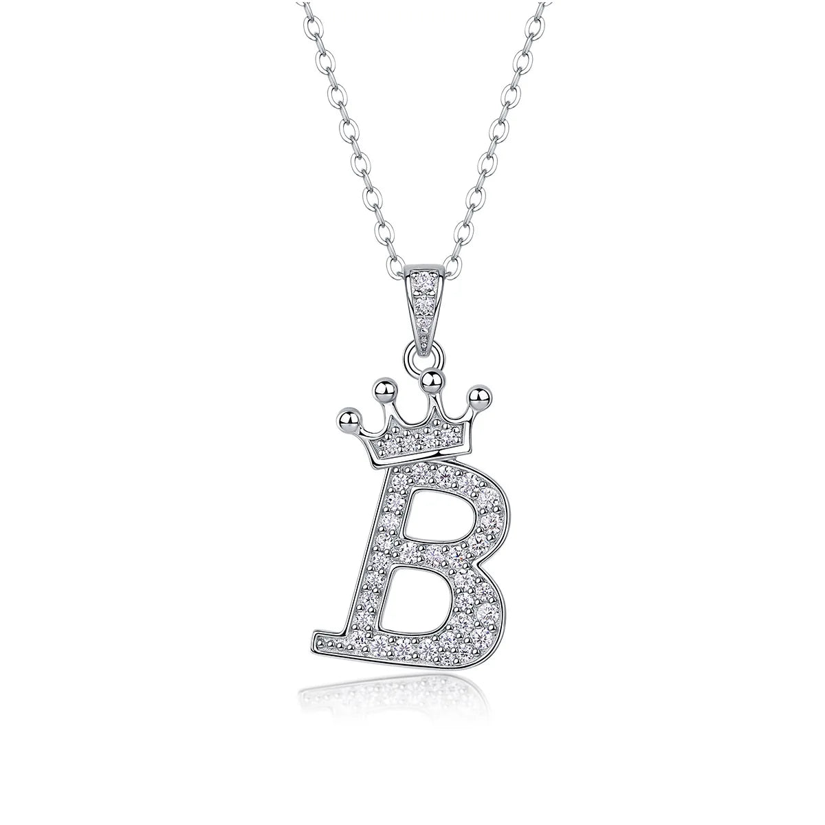 Moissanite crown initial necklace letter B fully pavé-set 925 sterling silver rhodium plated - Sensitive Stones