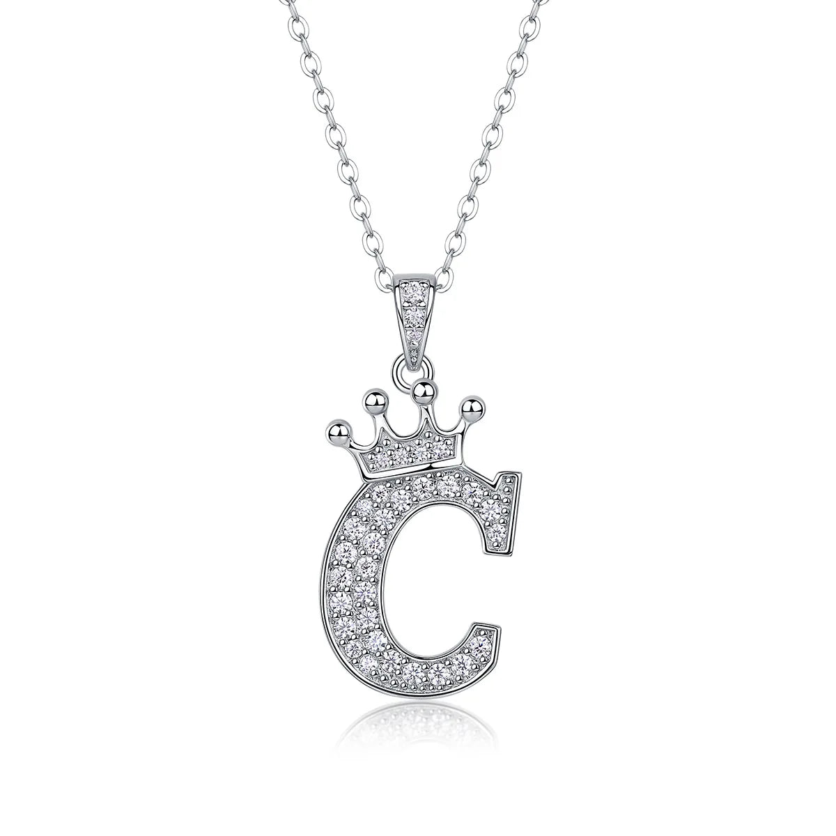 Moissanite crown initial necklace letter C fully pavé-set 925 sterling silver rhodium plated - Sensitive Stones