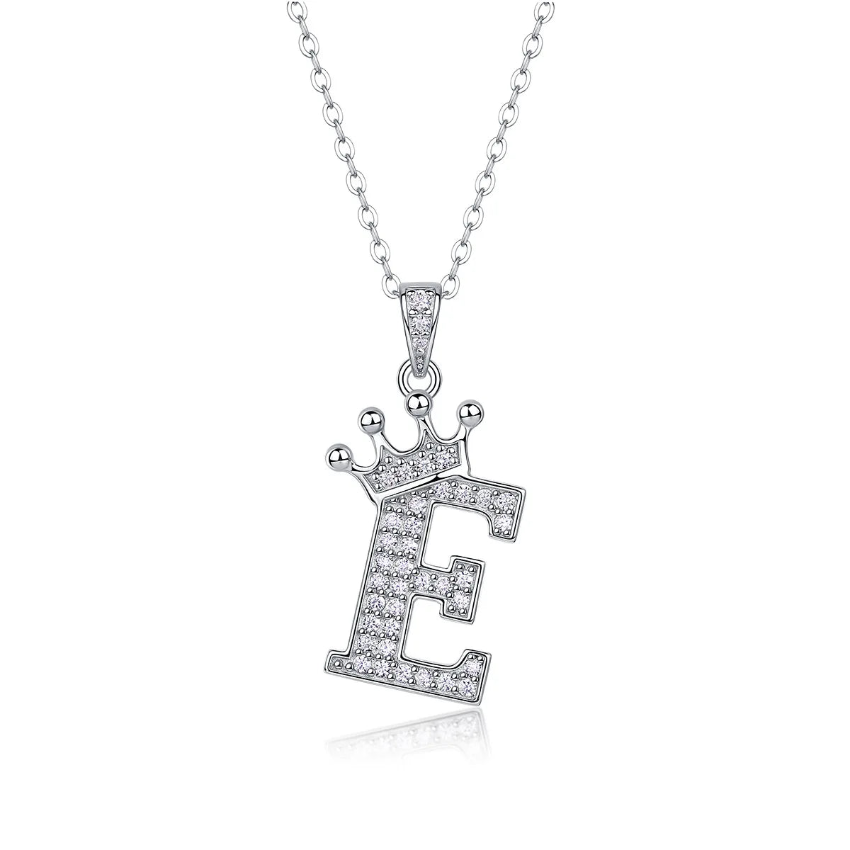 Moissanite crown initial necklace letter E fully pavé-set 925 sterling silver rhodium plated - Sensitive Stones
