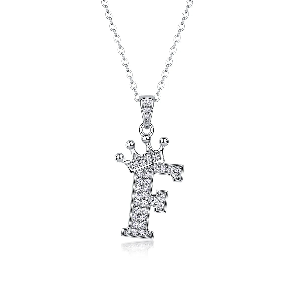 Moissanite crown initial necklace letter F fully pavé-set 925 sterling silver rhodium plated - Sensitive Stones