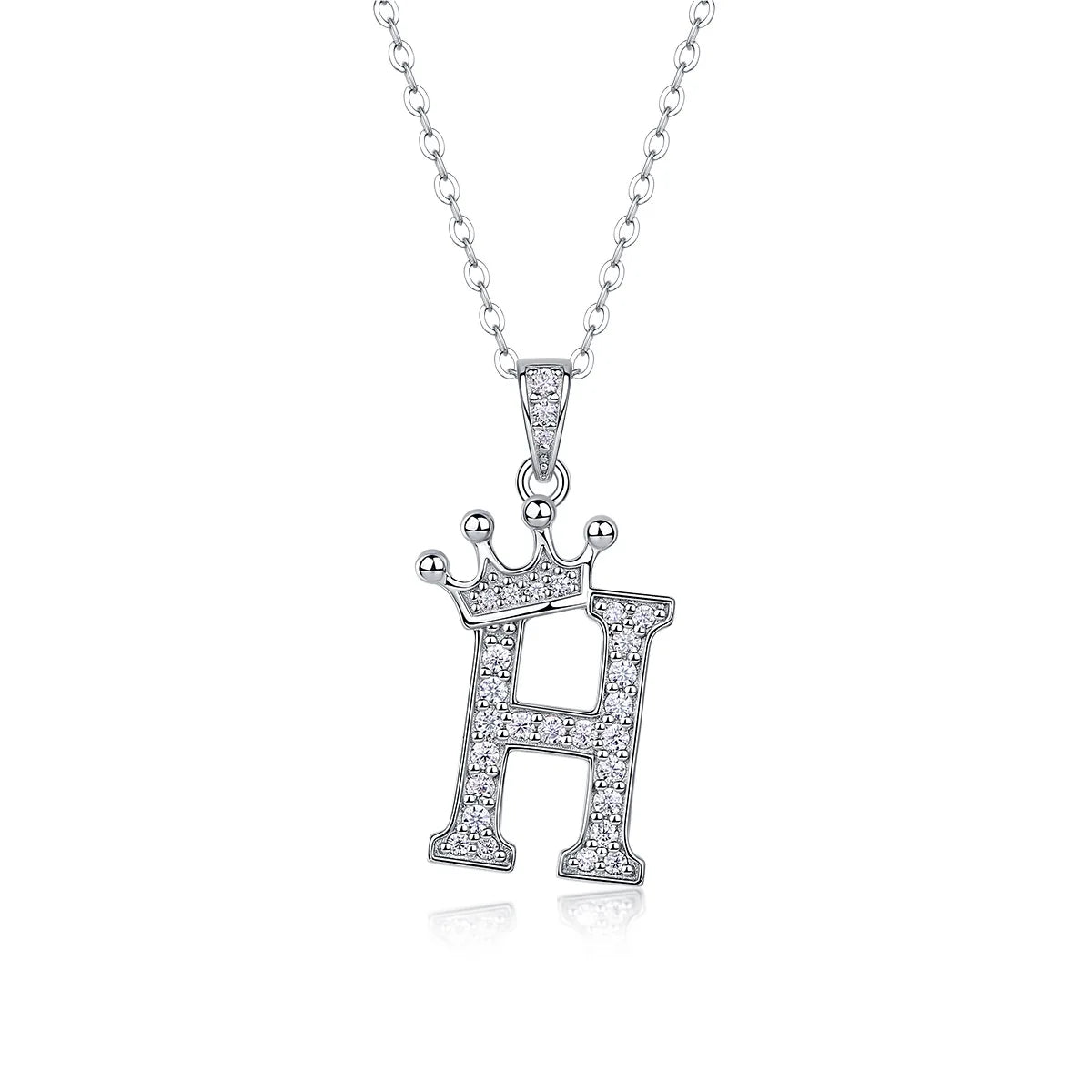 Moissanite crown initial necklace letter H fully pavé-set 925 sterling silver rhodium plated - Sensitive Stones