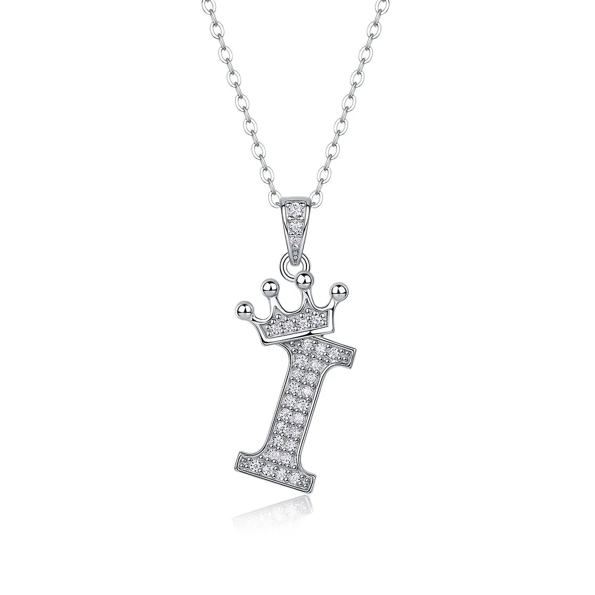 Moissanite crown initial necklace letter I fully pavé-set 925 sterling silver rhodium plated - Sensitive Stones