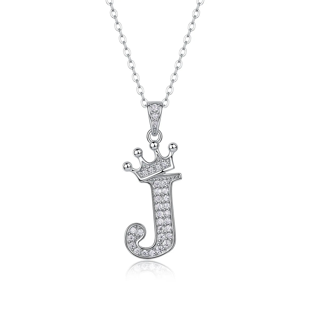 Moissanite crown initial necklace letter J fully pavé-set 925 sterling silver rhodium plated - Sensitive Stones