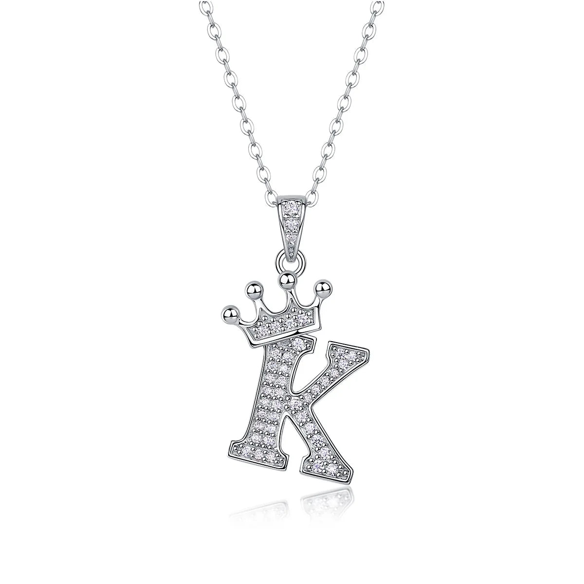 Moissanite crown initial necklace letter K fully pavé-set 925 sterling silver rhodium plated - Sensitive Stones