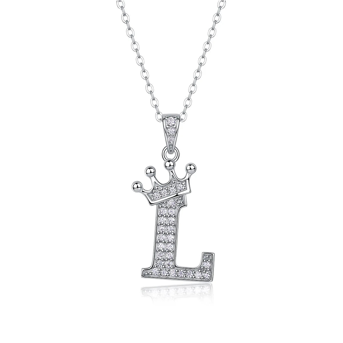 Moissanite crown initial necklace letter L fully pavé-set 925 sterling silver rhodium plated - Sensitive Stones