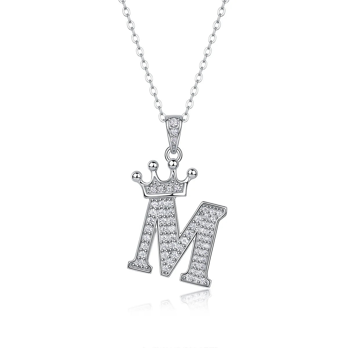 Moissanite crown initial necklace letter M fully pavé-set 925 sterling silver rhodium plated - Sensitive Stones