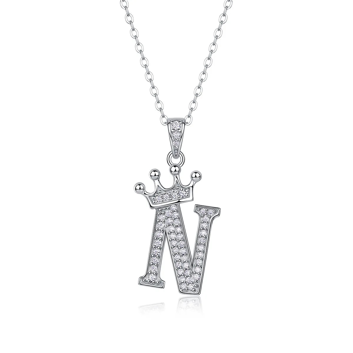 Moissanite crown initial necklace letter N fully pavé-set 925 sterling silver rhodium plated - Sensitive Stones