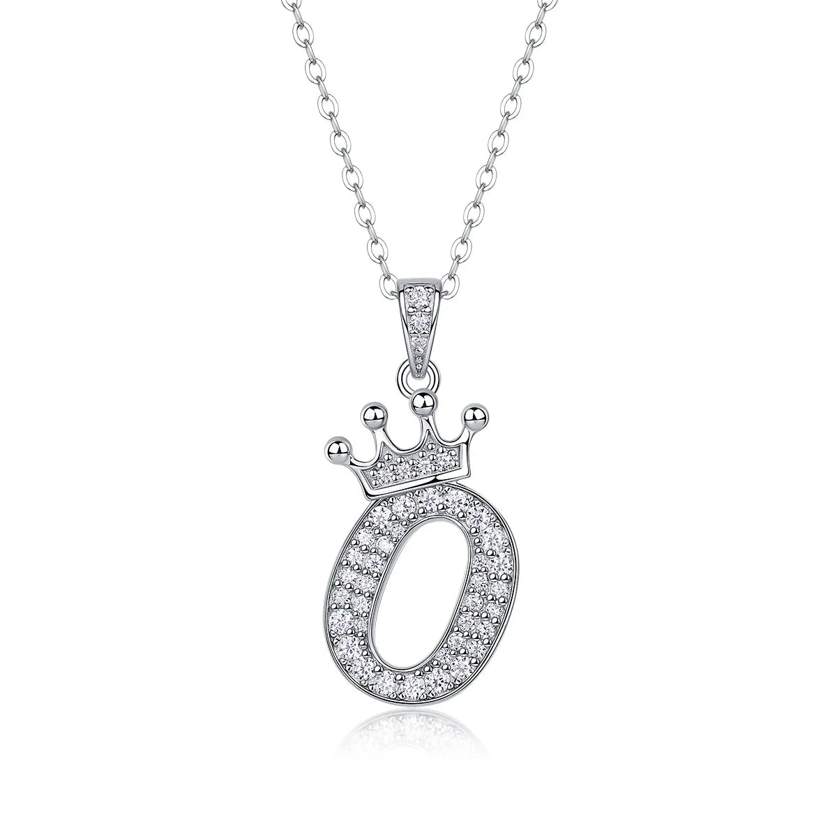 Moissanite crown initial necklace letter O fully pavé-set 925 sterling silver rhodium plated - Sensitive Stones