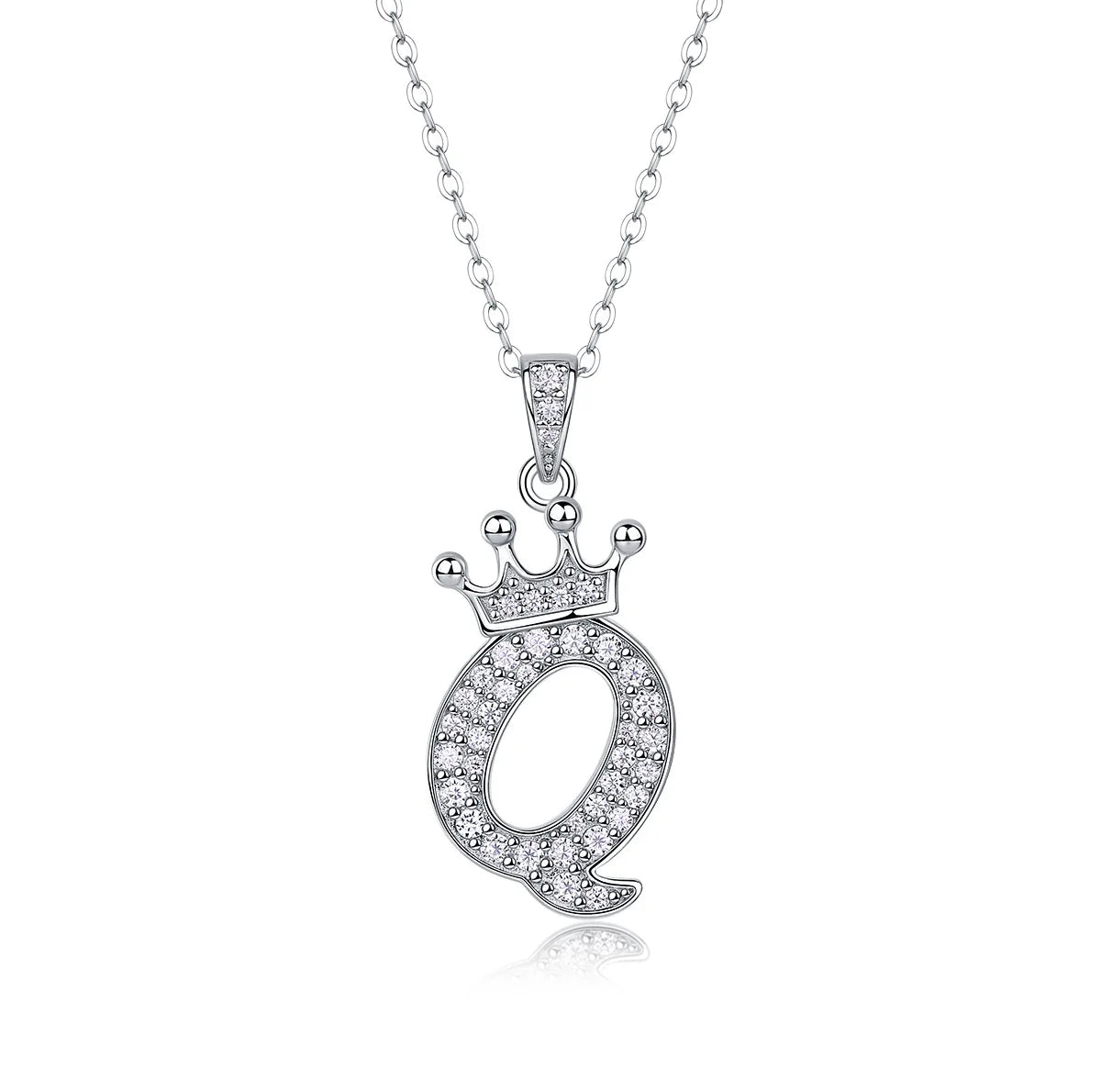 Moissanite crown initial necklace letter Q fully pavé-set 925 sterling silver rhodium plated - Sensitive Stones