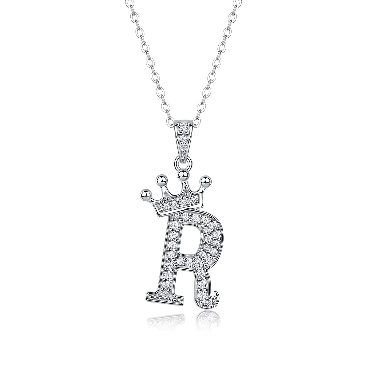 Moissanite crown initial necklace letter R fully pavé-set 925 sterling silver rhodium plated - Sensitive Stones