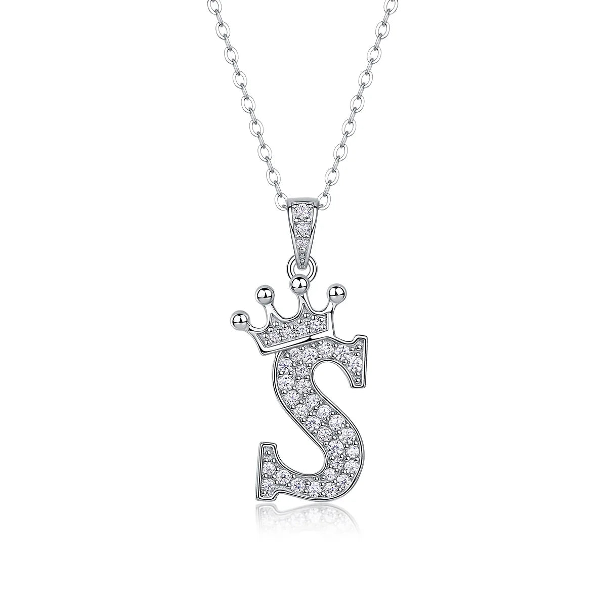 Moissanite crown initial necklace letter S fully pavé-set 925 sterling silver rhodium plated - Sensitive Stones