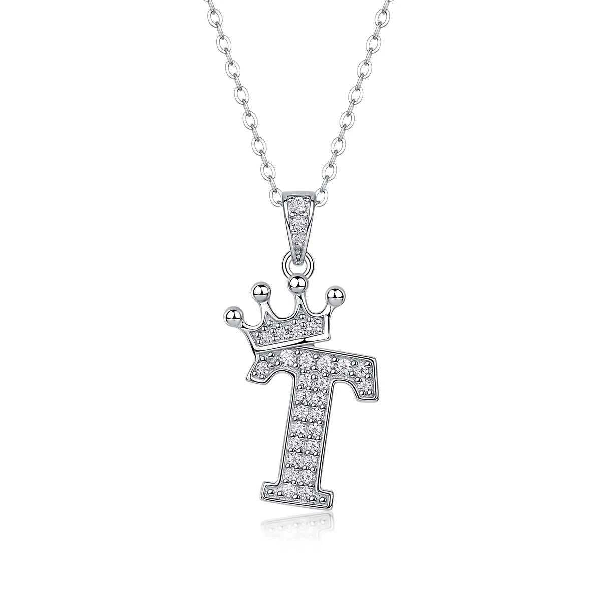 Moissanite crown initial necklace letter T fully pavé-set 925 sterling silver rhodium plated - Sensitive Stones
