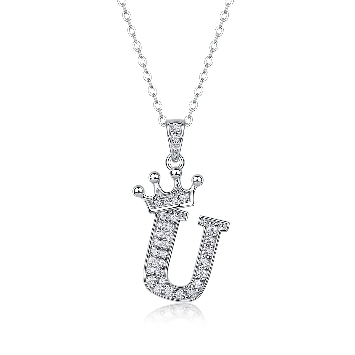 Moissanite crown initial necklace letter U fully pavé-set 925 sterling silver rhodium plated - Sensitive Stones